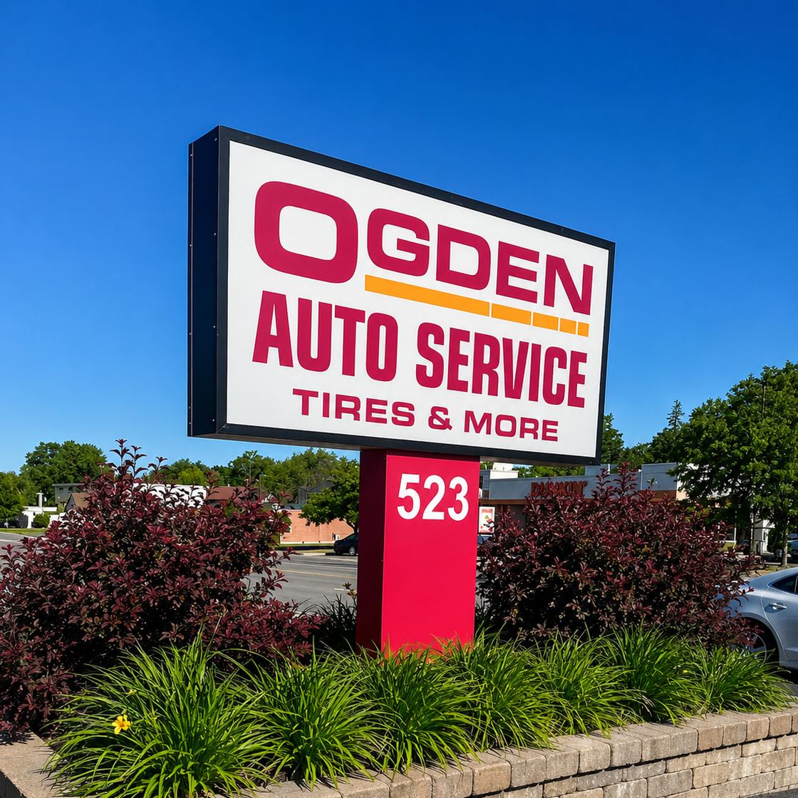 Ogden Auto Service sign at 523 Ogden Avenue in Downers Grove, Illinois, reading Ogden Auto Service Tires and More