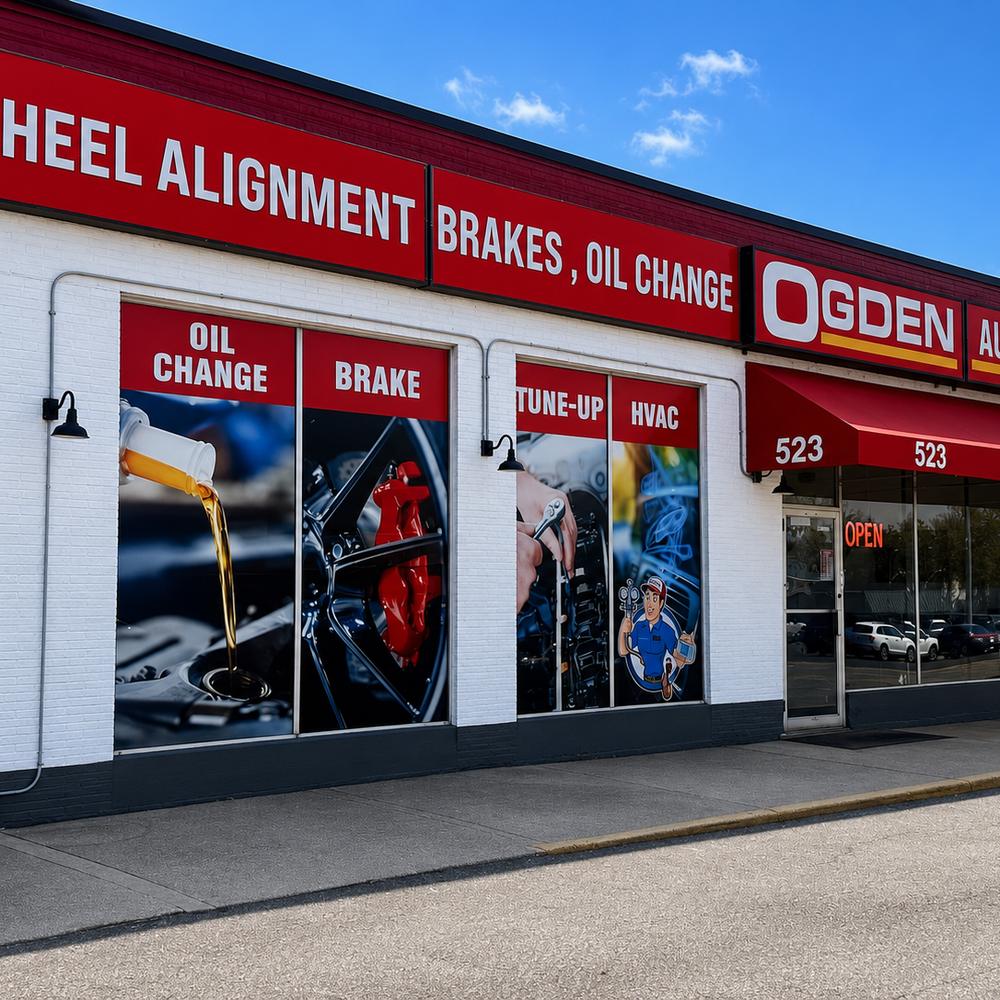 Ogden Auto Service storefront on Ogden Avenue in Downers Grove, Illinois, with wheel alignment, brakes, oil change, tune-up and HVAC service signs
