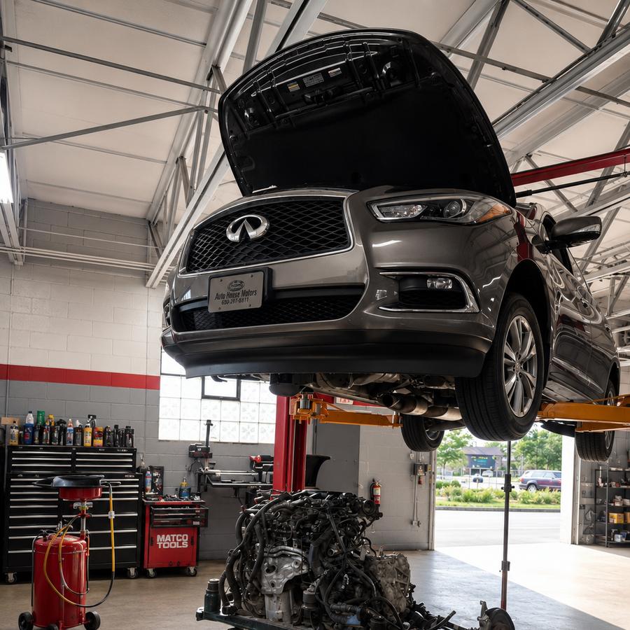 SUV raised on a lift above an engine and subframe assembly resting on jack stands